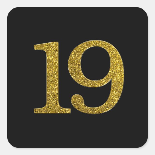 Gold Glitter Number 19 Wide Font Square Sticker (Front)