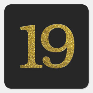 Gold Glitter Number 19 Wide Font Square Sticker