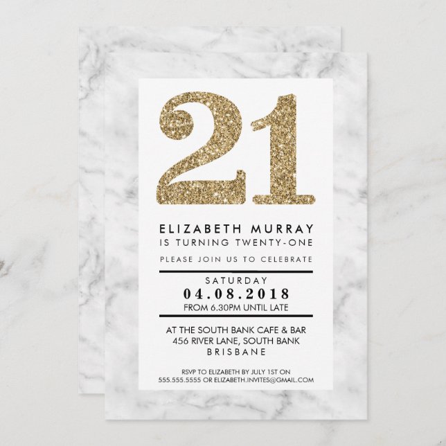 GOLD GLITTER NUMBER 21 21st INVITE simple marble (Front/Back)