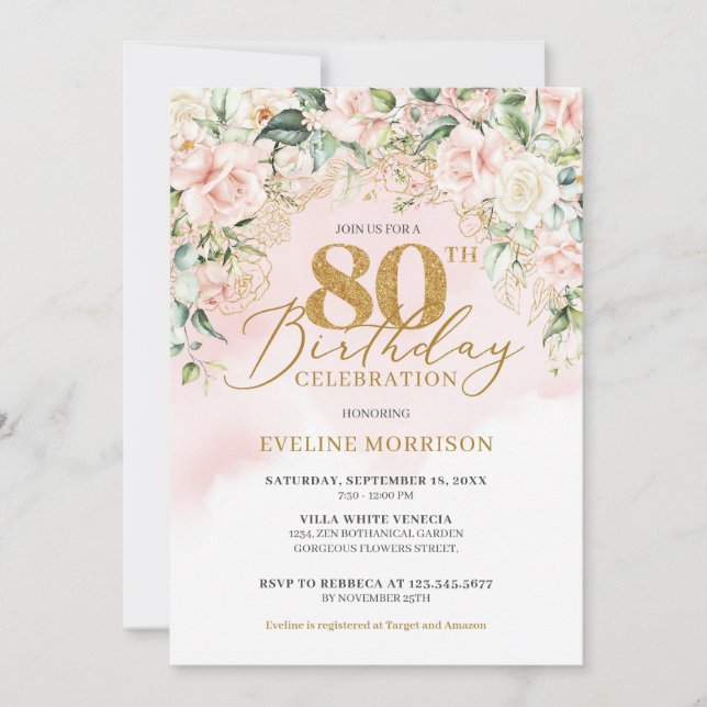 Gold glitter number soft pink roses 80th birthday invitation (Front)