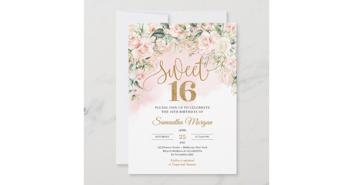 Sweet 16 Pink Roses Gold glitter number soft pink roses sweet sixteen invitation | Zazzle