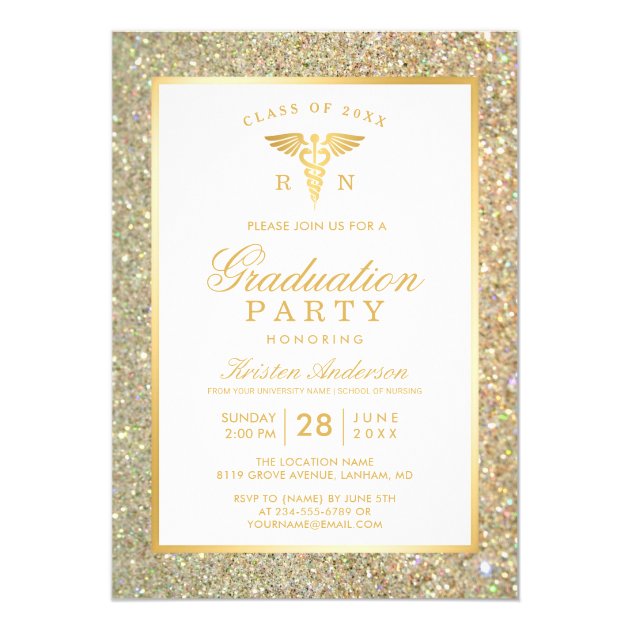 Gold Glitter Nursing School Graduation Party Invitation