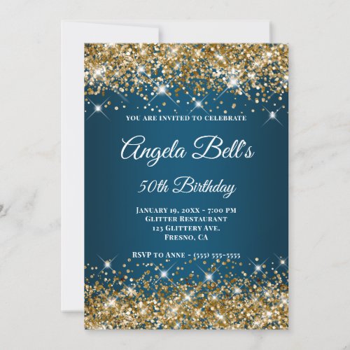 Gold Glitter Ocean Blue Ombre Fancy Monogram Invitation