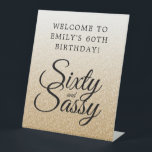 Gold Glitter Ombre 60 Sassy 60th Birthday Welcome Pedestal Sign<br><div class="desc">Celebrate turning 60 in style with this modern customizable 60th birthday design on a gold glitter ombre background, this stylish 60th birthday welcome sign is perfect for creating a fabulous 60th birthday celebration. The words sixty and sassy are set using modern script. If you need any help or matching products,...</div>