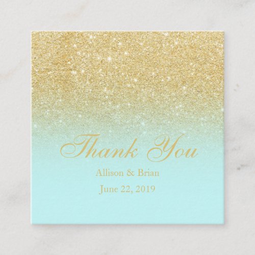 Gold glitter ombre blue mint thank you wedding 2 square business card