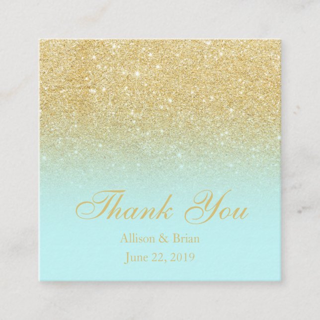 Gold glitter ombre blue mint thank you wedding square business card (Front)
