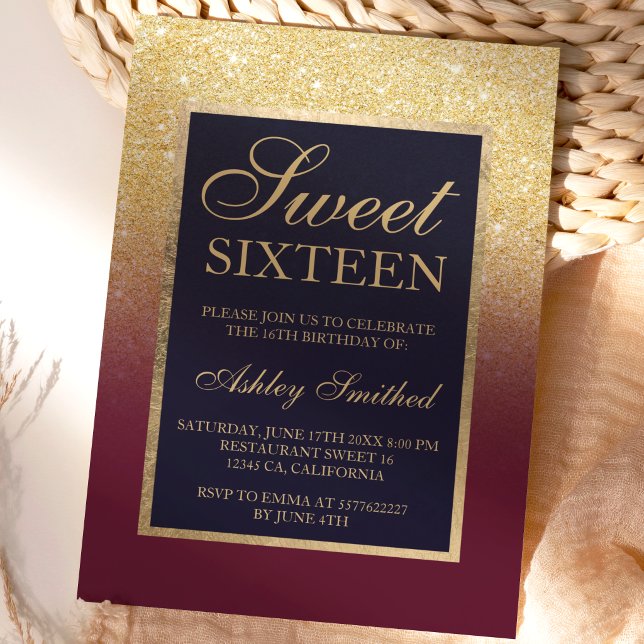 Gold glitter ombre burgundy elegant Sweet sixteen Invitation