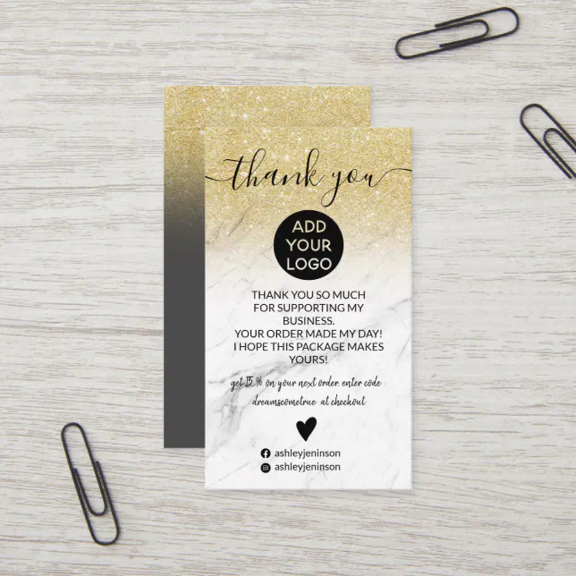 Gold glitter ombre chic marble order thank you business card | Zazzle