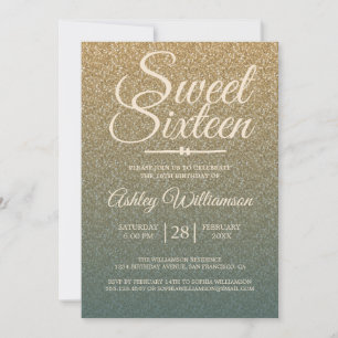 Gold Glitter Ombre Emerald Sweet 16 Birthday Invitation