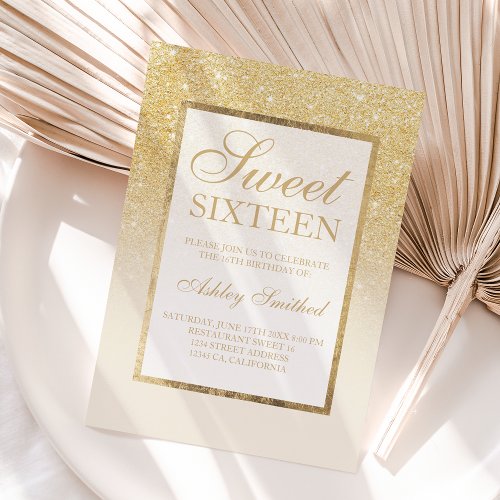 Gold glitter ombre ivory elegant Sweet sixteen 1 Invitation