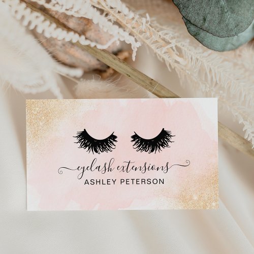 Gold glitter ombre pink brushstroke chic eyelashes business card