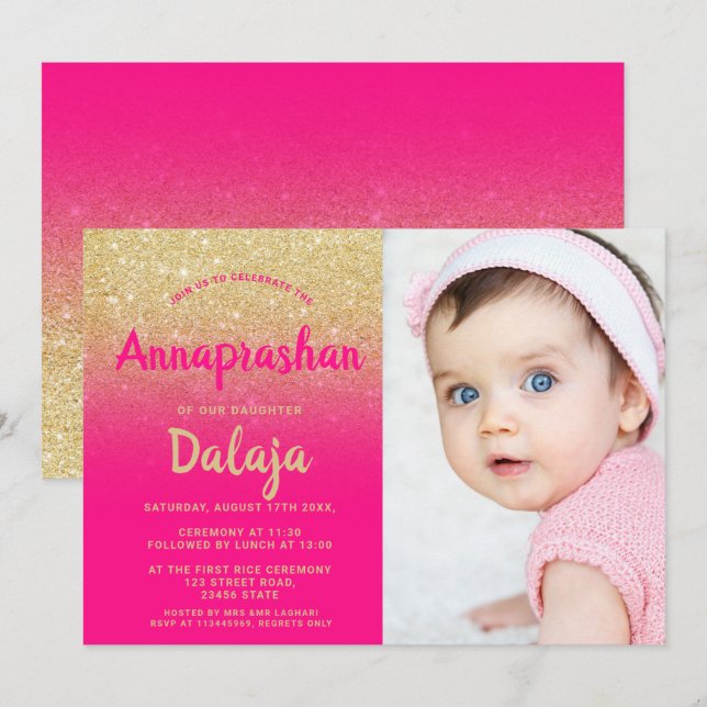 Gold glitter ombre pink script photo Annaprashan Invitation (Front/Back)