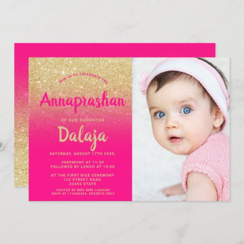 Gold glitter ombre pink script photo Annaprashan Invitation