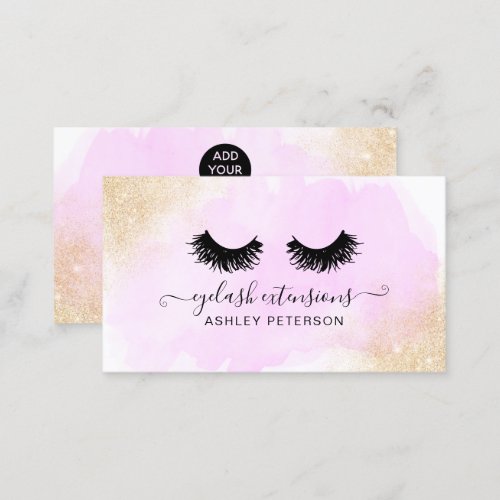 Gold glitter ombre purple brushstroke eyelashes business card