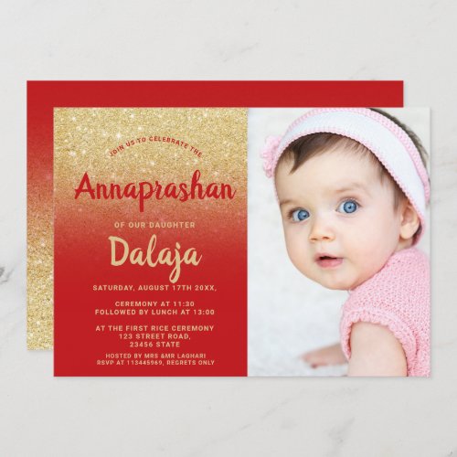 Gold glitter ombre red script photo Annaprashan Invitation