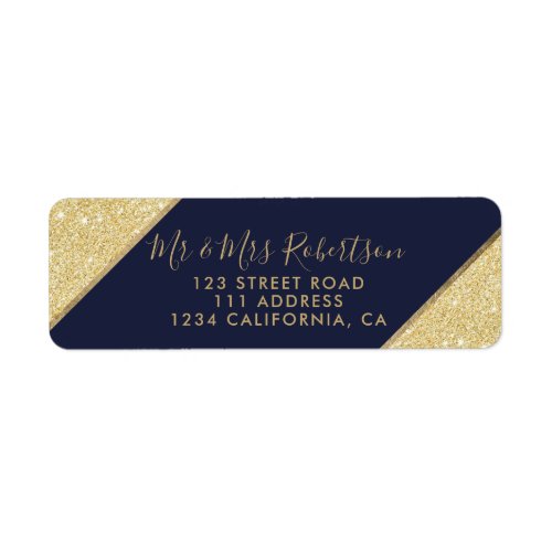 Gold glitter ombre script navy blue wedding label