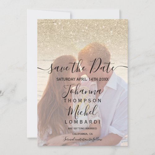 gold glitter ombre script photo save the date