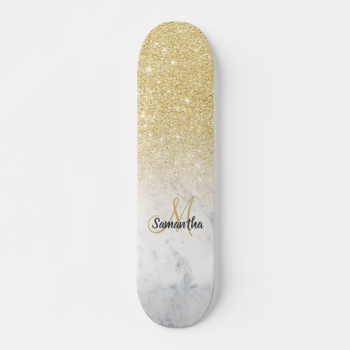 gold glitter ombre sparkles marble monogram skateboard