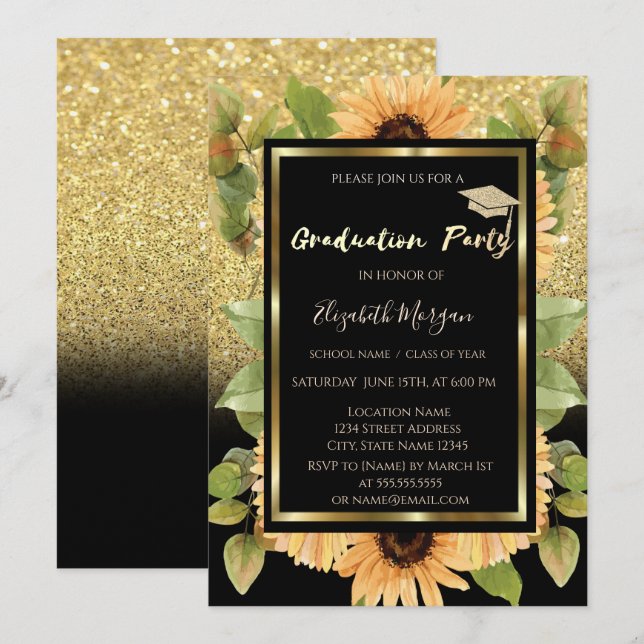 Gold Glitter Ombre Sunflowers Invitation (Front/Back)