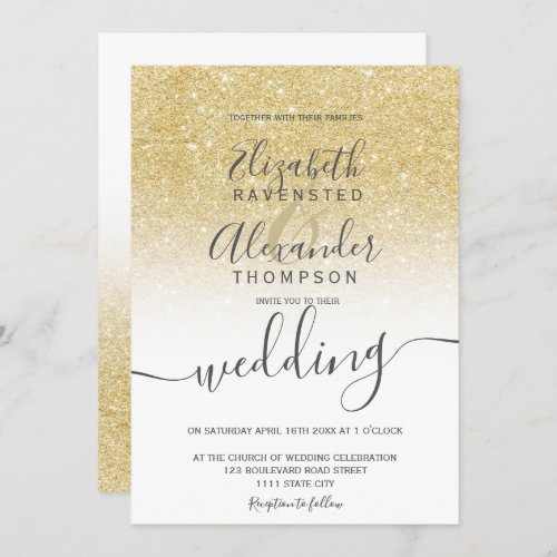 gold glitter ombre white script chic wedding invitation