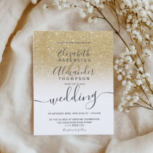 gold glitter ombre white script chic wedding invitation