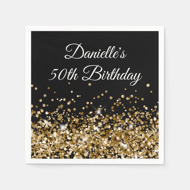 Gold Glitter on Black 50th Birthday Napkins (Front)