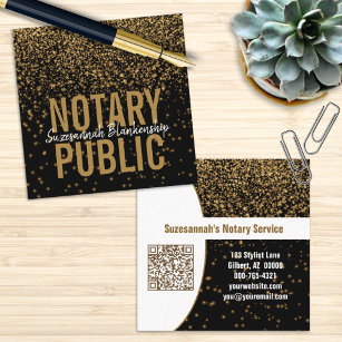 Gold Glitter On Black Custom QR Code Notary  Square Business Card