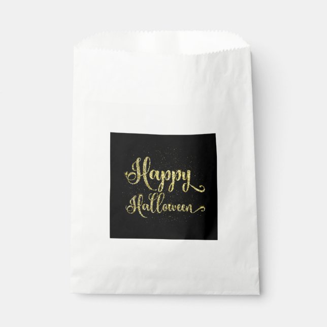 Gold Glitter On Black Happy Halloween Favor Bag (Front)
