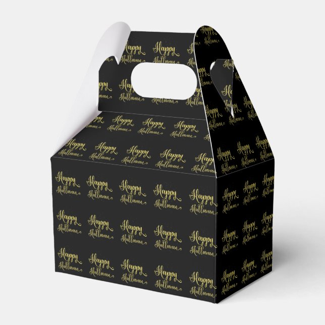 Gold Glitter On Black Happy Halloween Favor Boxes (Front Side)