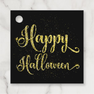 Gold Glitter On Black Happy Halloween Favor Tags