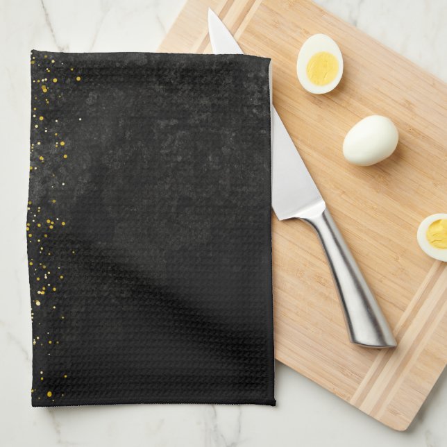 Gold glitter on black marble kitchen towel (Quarter Fold)