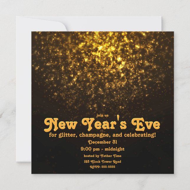 Gold Glitter on Black New Year's Eve Party Invitation (Front)