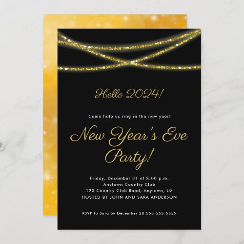 Gold Glitter on Black  New Years Party Invitation