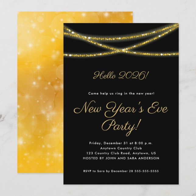 Gold Glitter on Black | New Year's Party Invitation (Front/Back)