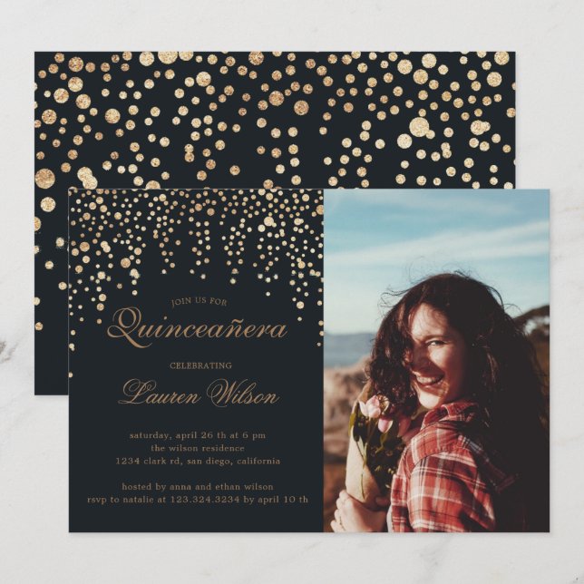 gold glitter on black Quinceanera Photo Invitation (Front/Back)