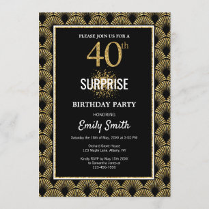 Gold Glitter on Black Surprise 40th Birthday Invitation