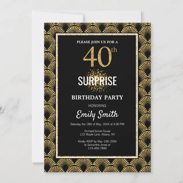 Gold Glitter On Black Surprise 40th Birthday Invitation 