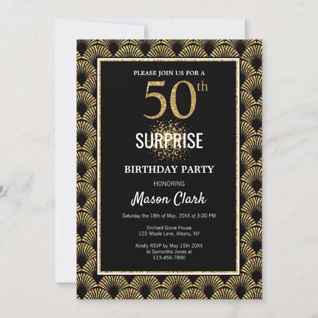 Gold Glitter on Black Surprise 50th Birthday Invitation (Front)