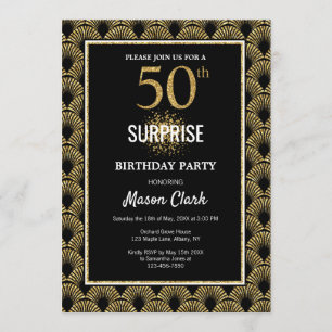 Gold Glitter on Black Surprise 50th Birthday Invitation