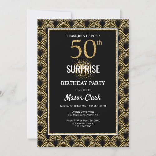 Gold Glitter on Black Surprise 50th Birthday Invitation