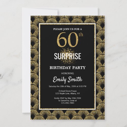 Gold Glitter on Black Surprise 60th Birthday Invitation