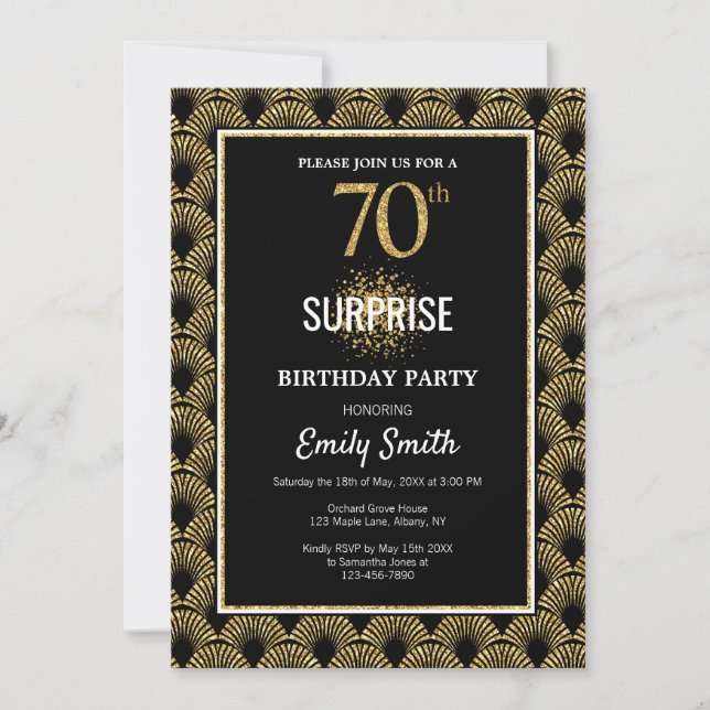 Gold Glitter on Black Surprise 70th Birthday Invitation (Front)