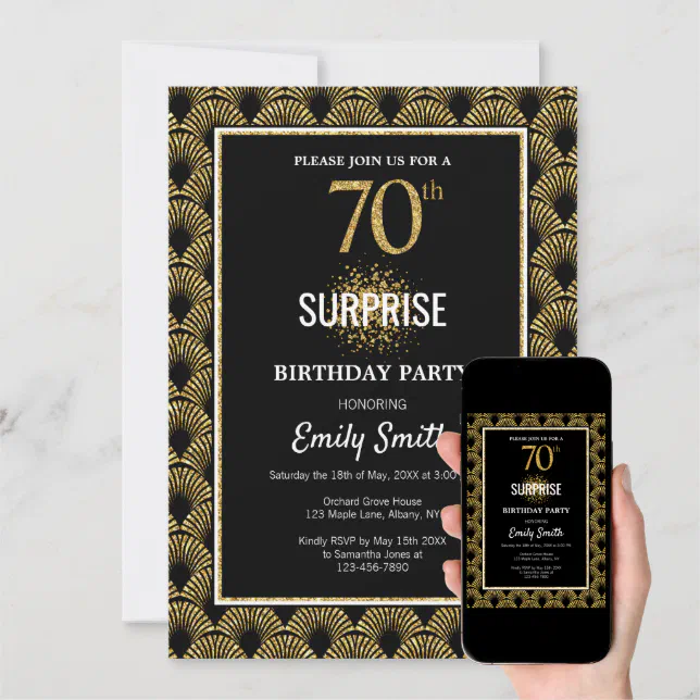 Gold Glitter on Black Surprise 70th Birthday Invitation | Zazzle