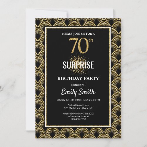 Gold Glitter on Black Surprise 70th Birthday Invitation
