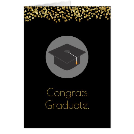 Gold Glitter on Black with Graduation Cap Congrats (Front)