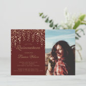 gold glitter on burgundy Quinceanera Photo Invitation (Standing Front)