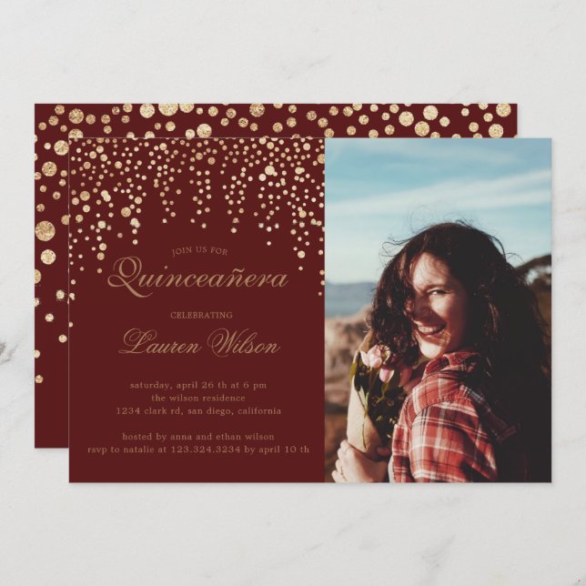 gold glitter on burgundy Quinceanera Photo Invitation (Front/Back)