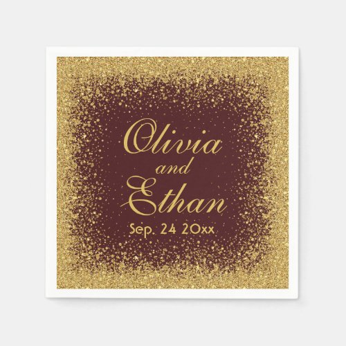 Gold Glitter on Burgundy Wedding Napkin