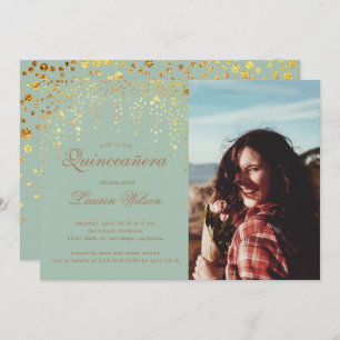 gold glitter on green Quinceanera Photo Invitation