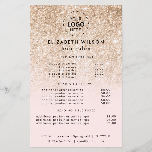 Gold Glitter on Pink | Simple Salon Service Menu Flyer (Front)
